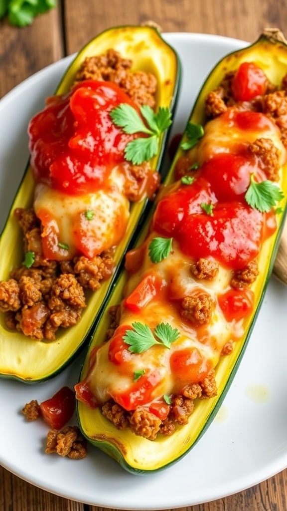 Beef and cheese stuffed zucchini boats topped with marinara sauce and parsley on a rustic plate.